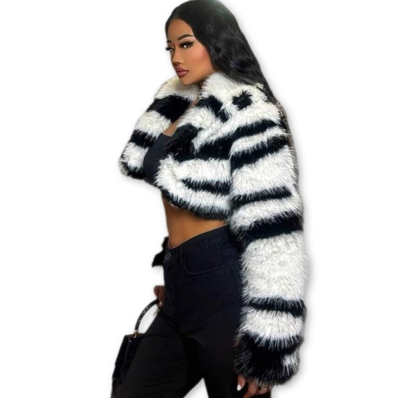 Zebra Print Faux Fur Long Sleeve Fluffy Jacket - Picture 5 of 8
